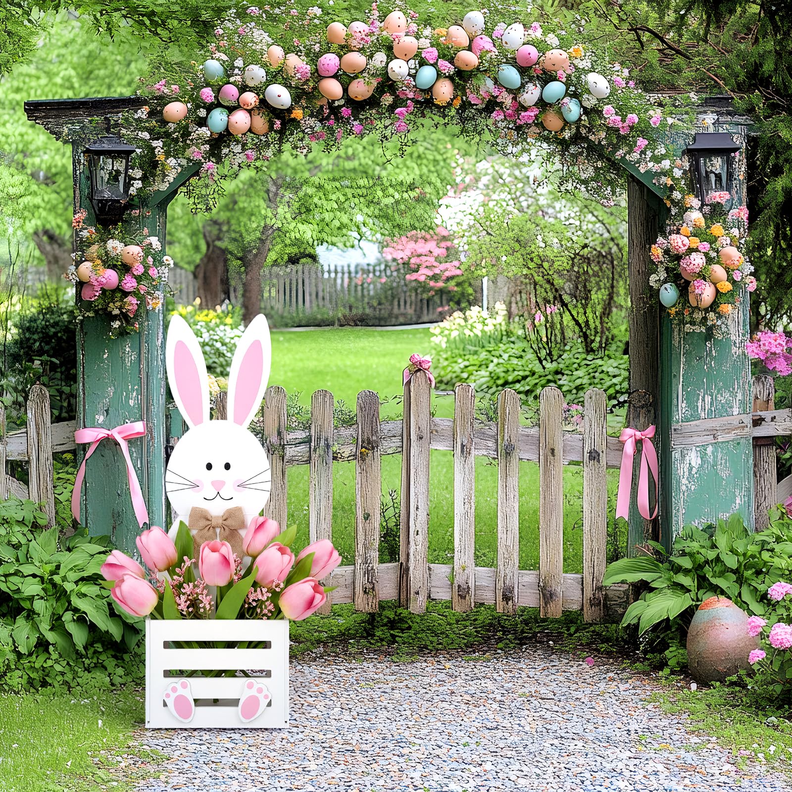 Teecyhooo Easter Bunny Planter Box full display features a charming garden centerpiece