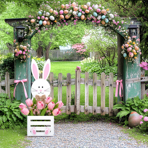 Teecyhooo Easter Bunny Planter Box full display features a charming garden centerpiece