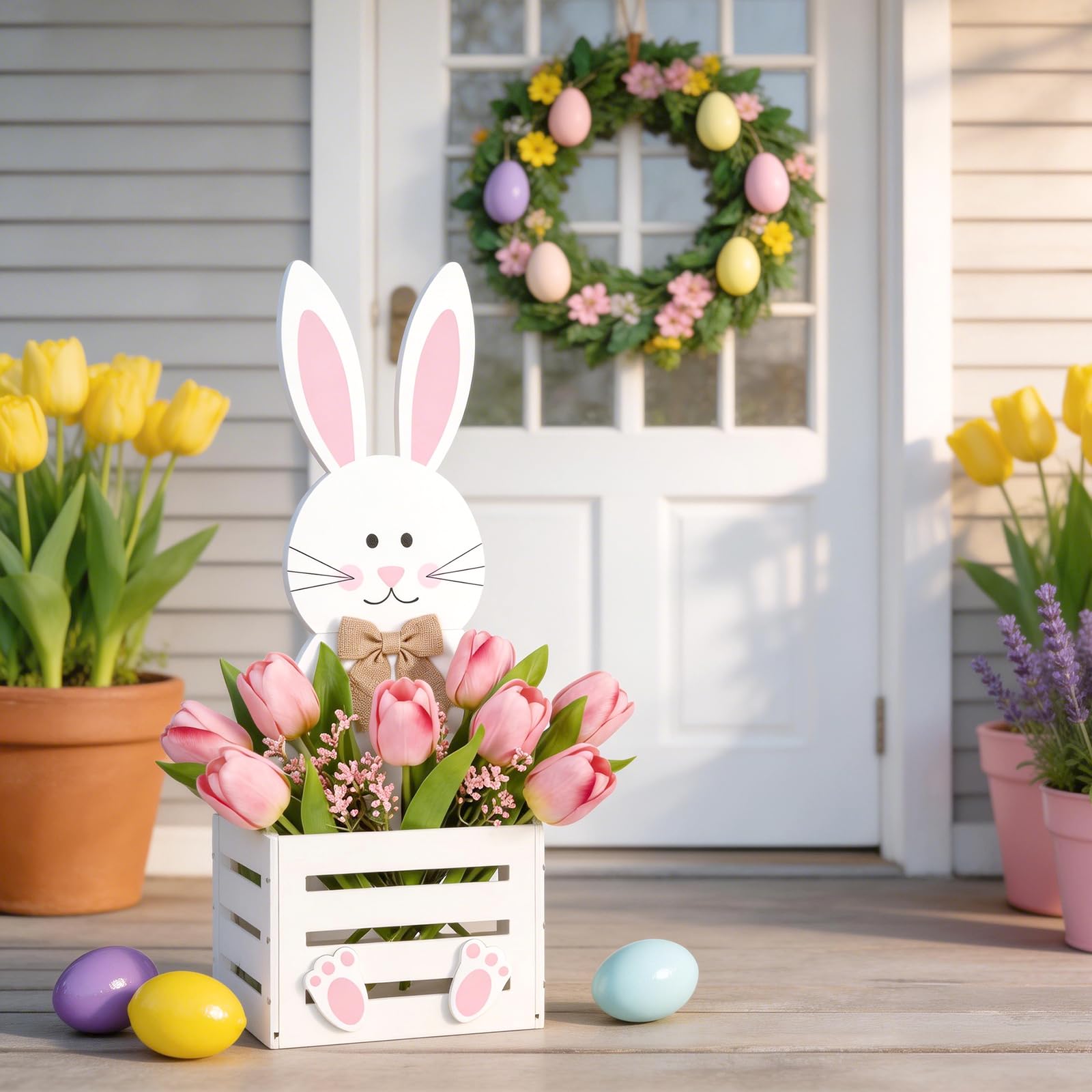 Teecyhooo Easter Bunny Planter Box with potted flowers adds seasonal color
