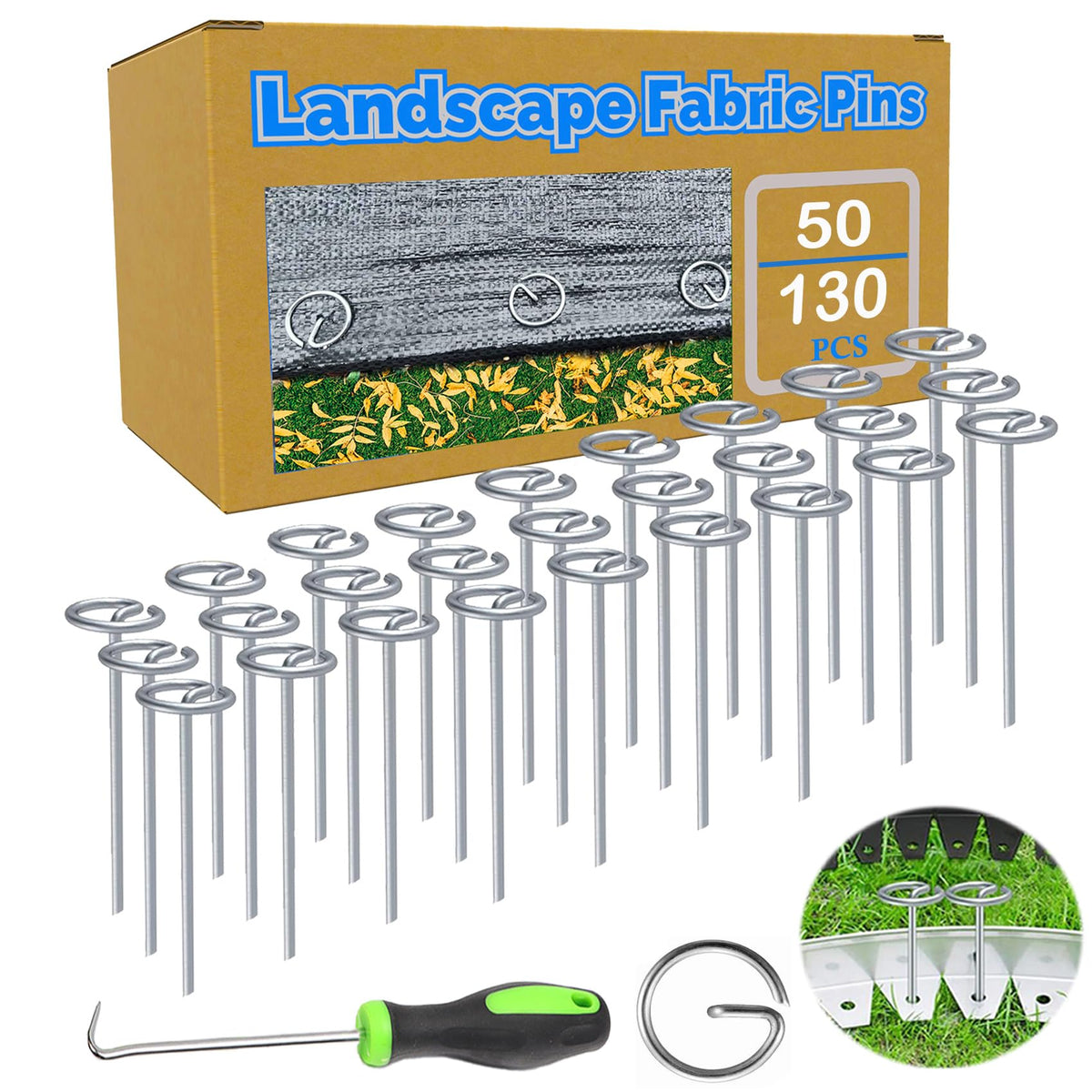 Teegroow landscape stakes 50-pack ready for garden setup and weed barrier anchoring.