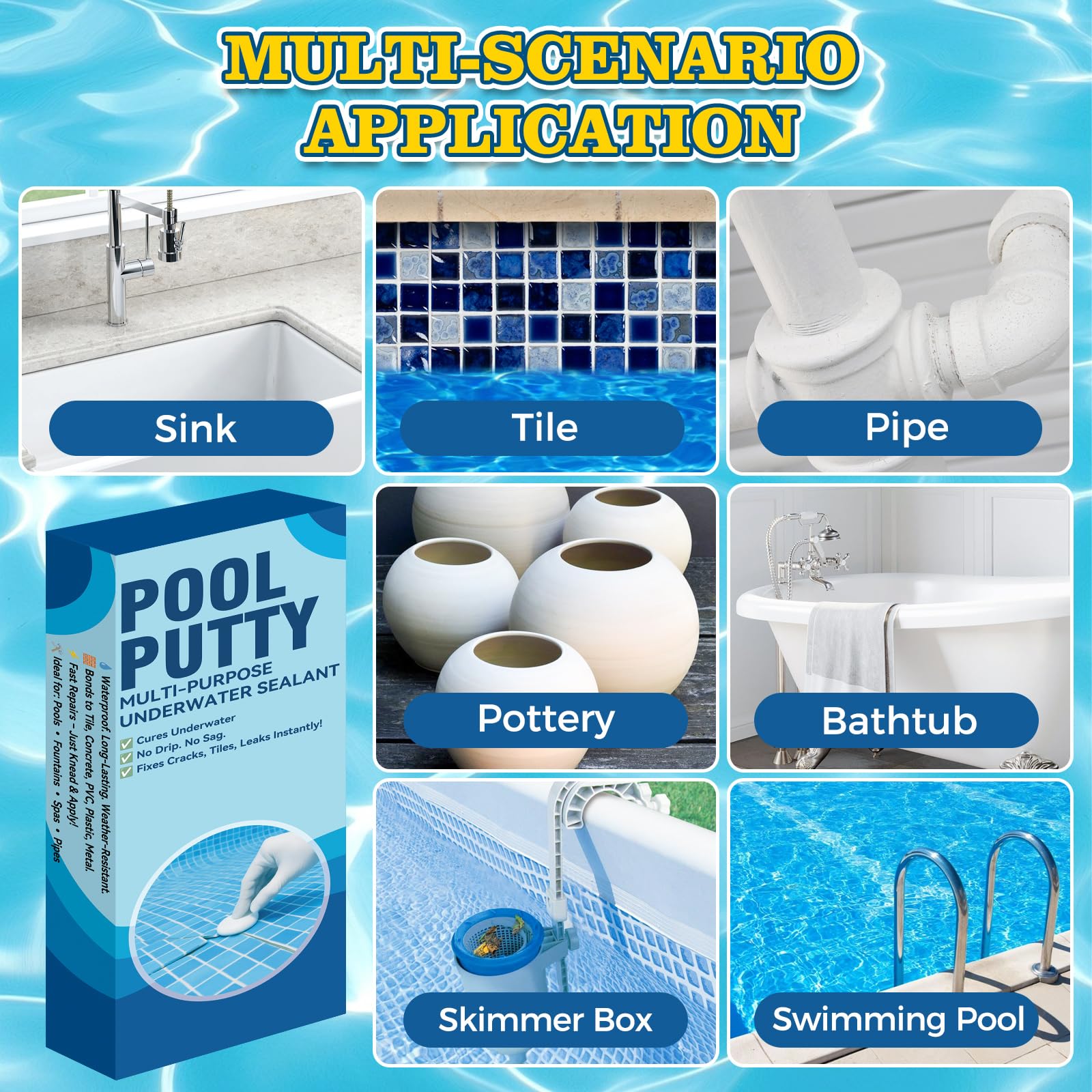 Teenanseen Pool Putty suitable for multi-surface repairs on tanks, tubs, and pipes.