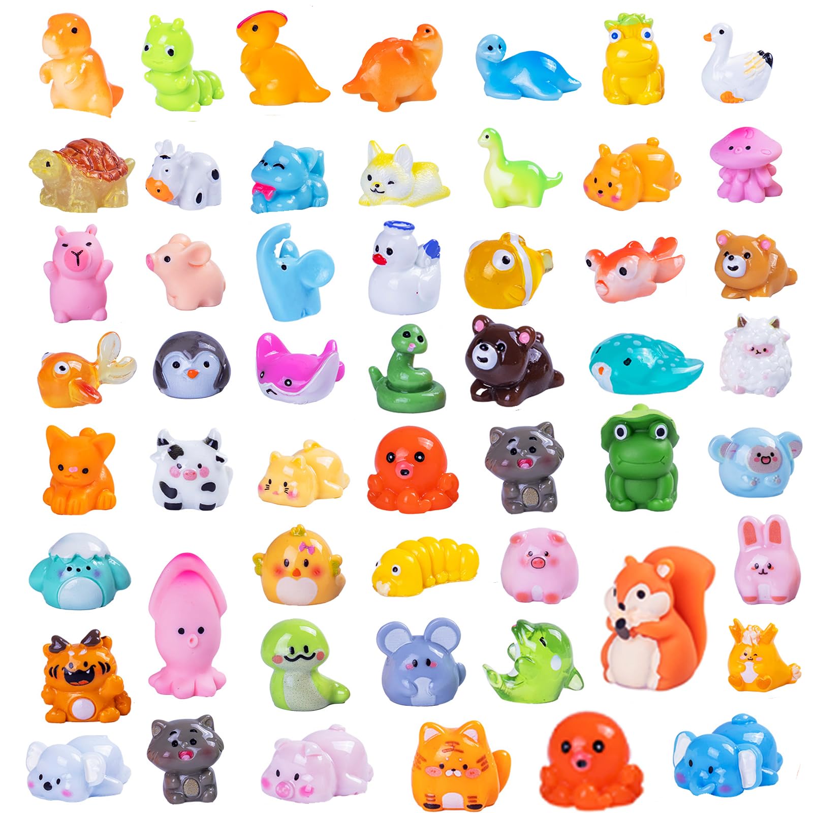 Teenzee 52-pcs mini resin animals: assorted figures for dollhouse decor and crafts.