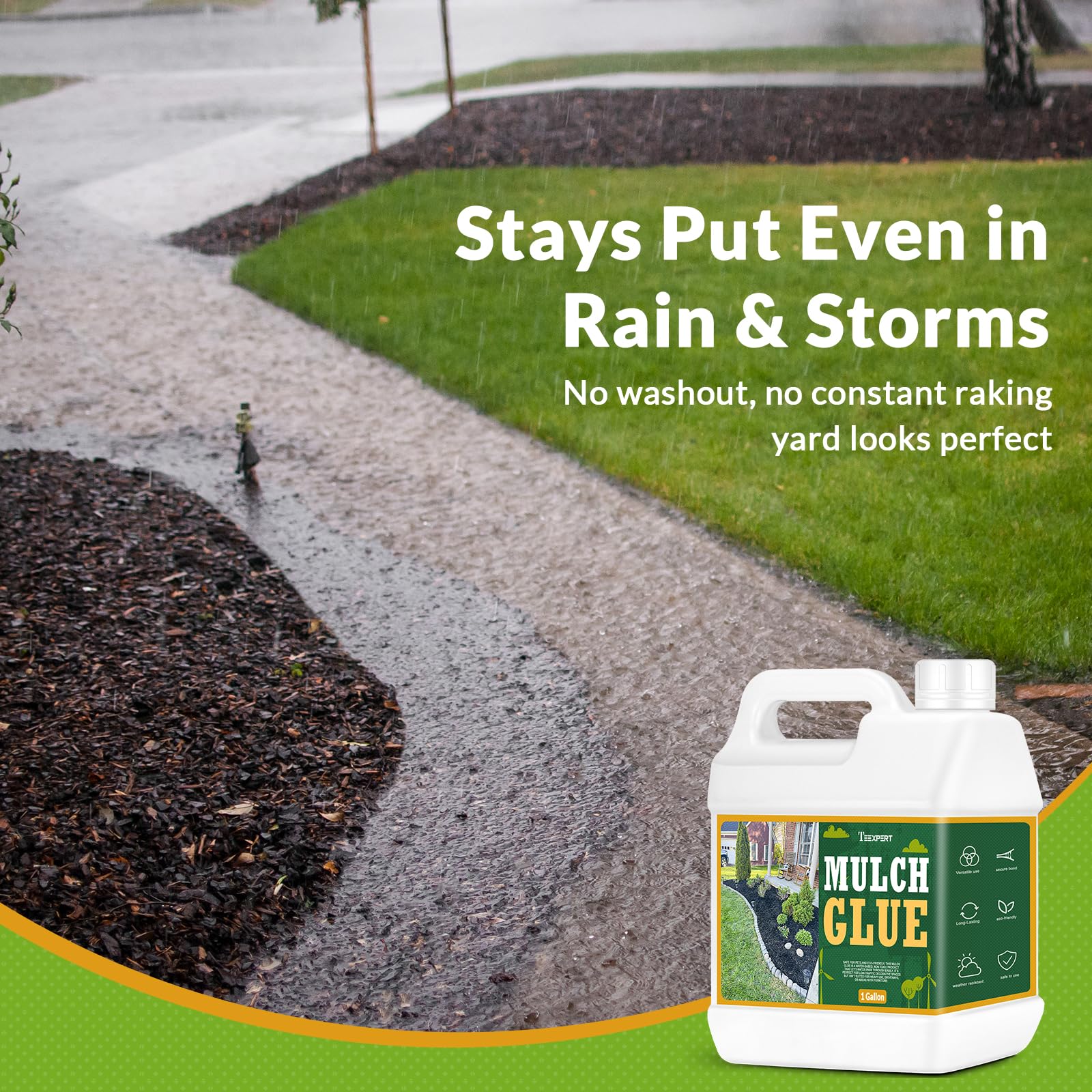 Teexpert Mulch Glue resists rain washout on decorative rock and mulch