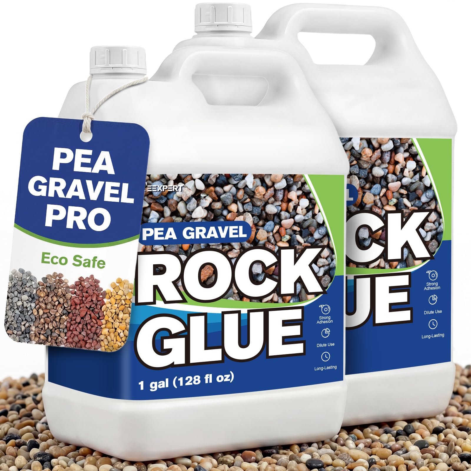 Teexpert Rock Glue 2 Gal bottle securing loose stones in outdoor landscape.