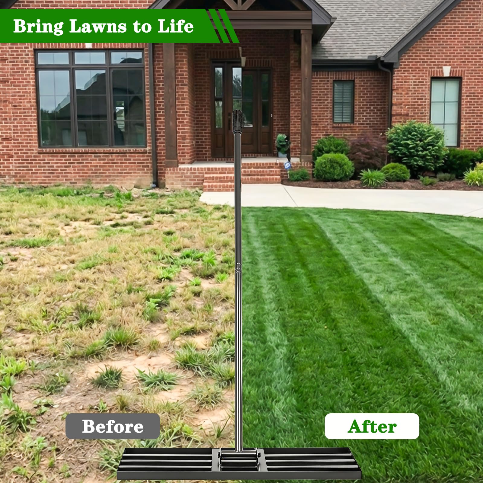 Tegarbed backyard-leveling rake ideal for smoothing compacted soil across lawns.