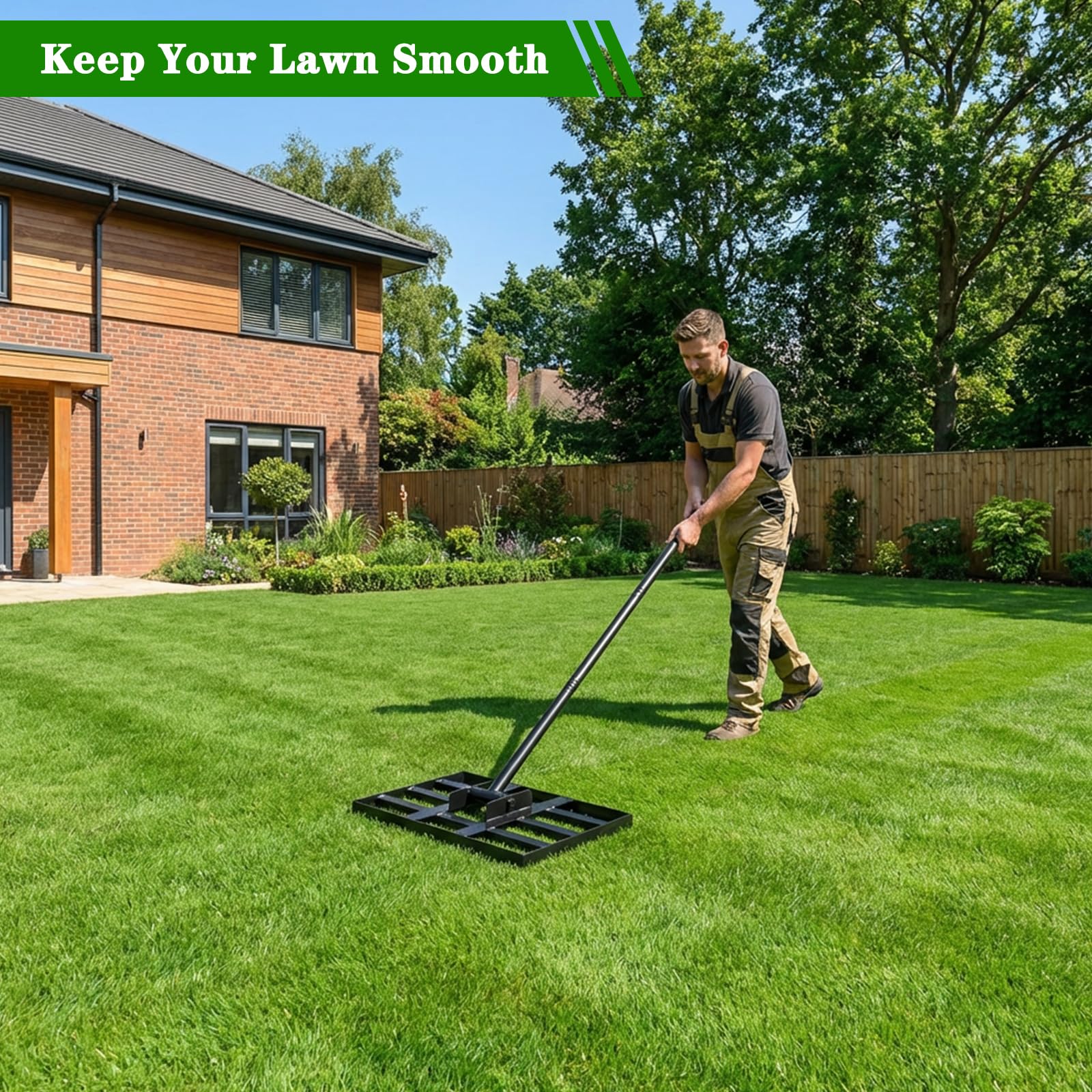 Tegarbed black-lawn-leveling rake closeup showcases sturdy construction.