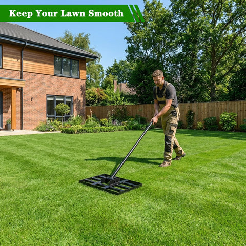 Tegarbed black-lawn-leveling rake closeup showcases sturdy construction.
