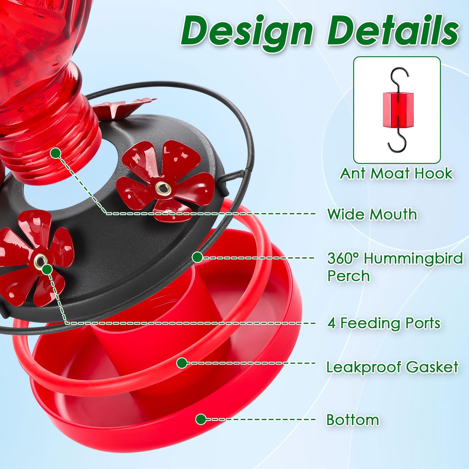 Tegarbed built-in ant moat helps keep nectar clean outdoors