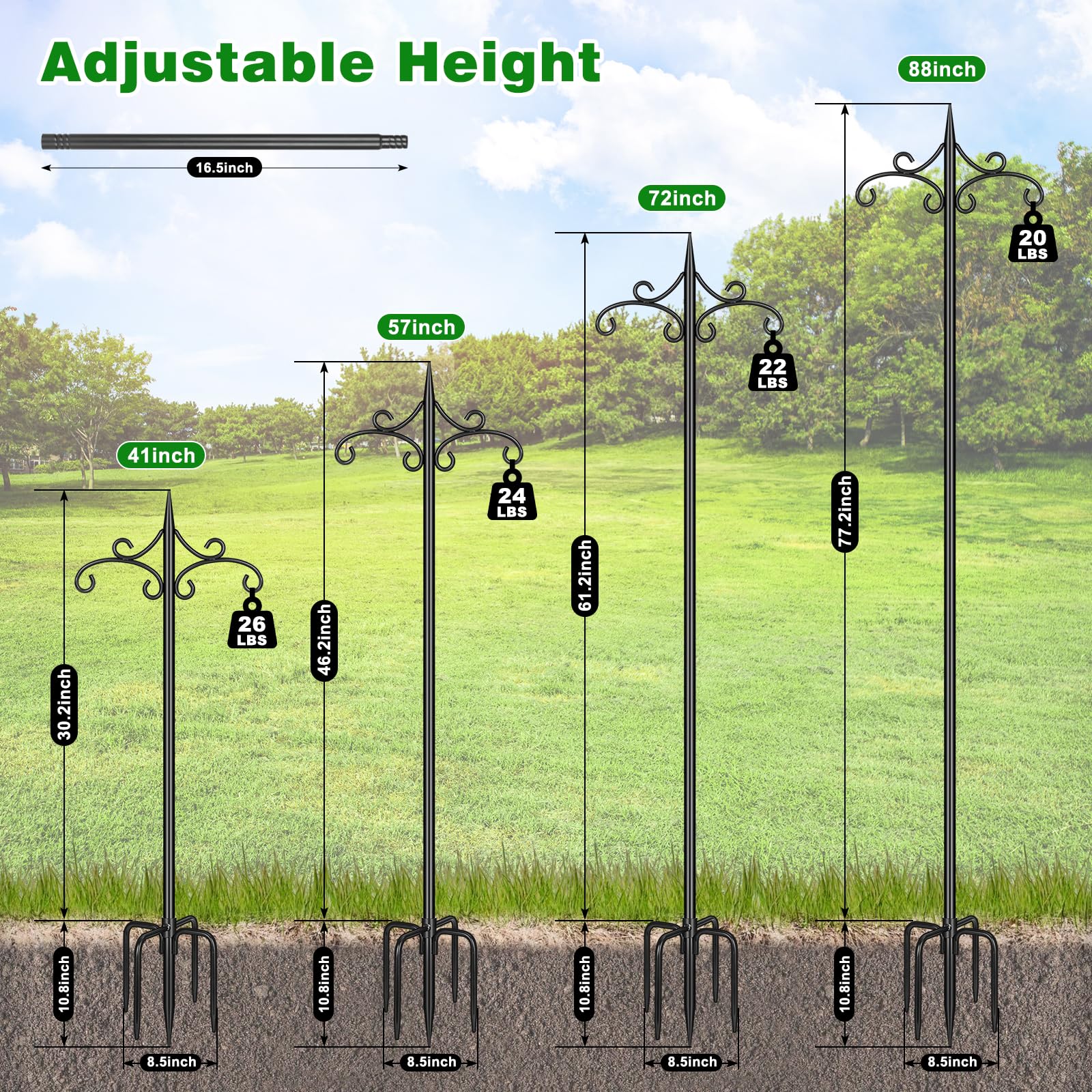 Tegarbed five-prong base provides stable outdoor support.