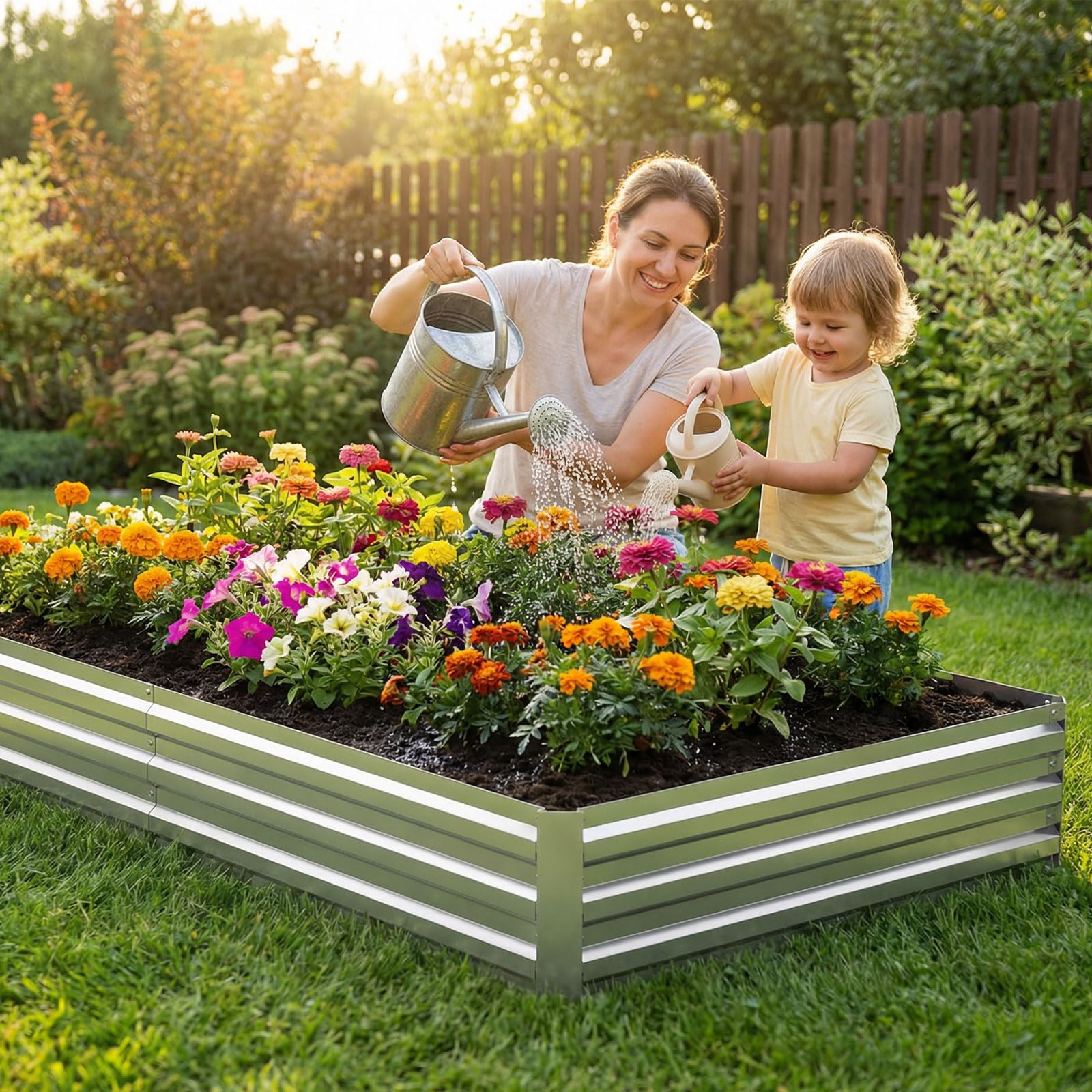 Tegarbed setup with tomatoes and herbs demonstrates usable space for vibrant outdoor beds.