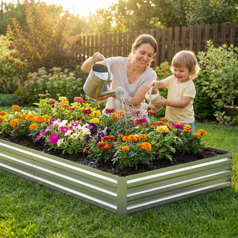 Tegarbed setup with tomatoes and herbs demonstrates usable space for vibrant outdoor beds.