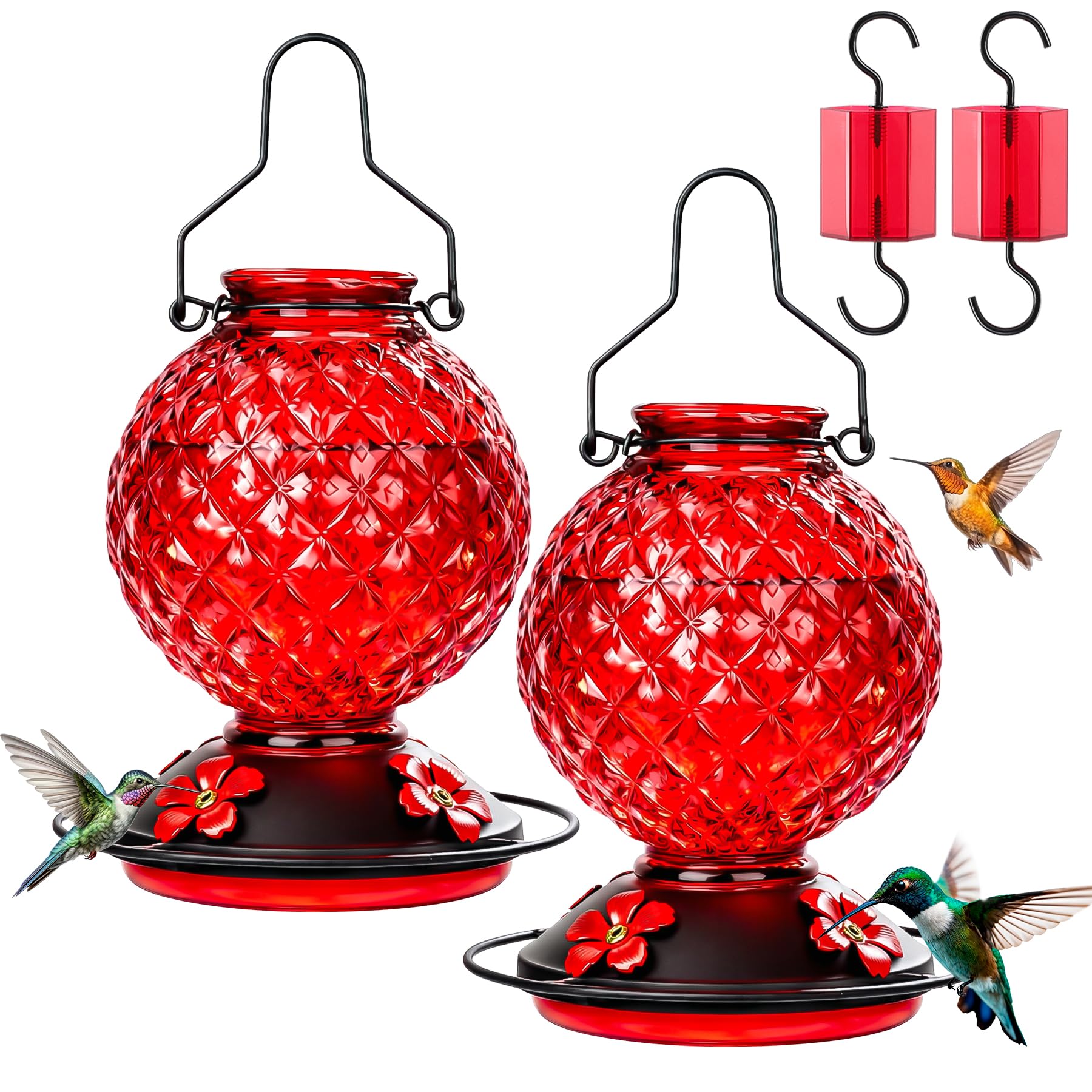 Tegarbed glass hummingbird feeder 2-pack outdoors, red finish attracts birds