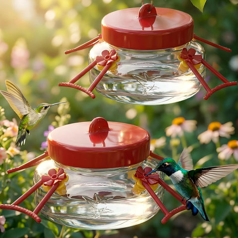 Tegarbed glass hummingbird feeder 2-pack in clear mason jar style for outdoor decor.