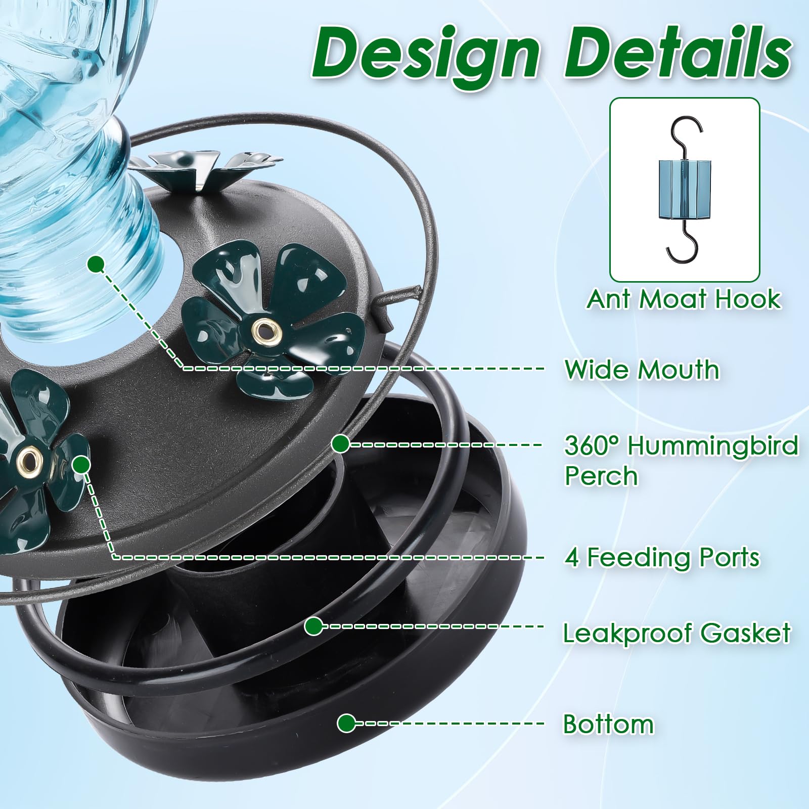 Tegarbed hummingbird feeder features a built-in ant moat for cleaner nectar outdoors.