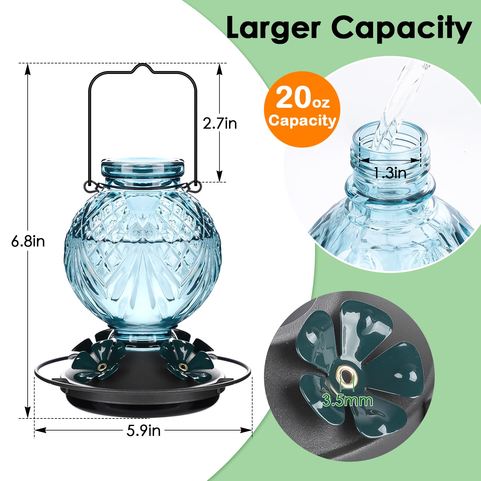 Tegarbed glass hummingbird feeder with bee guard ports protects nectar from bees.
