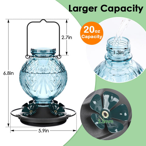 Tegarbed glass hummingbird feeder with bee guard ports protects nectar from bees.