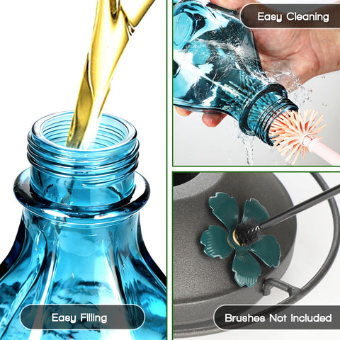 Tegarbed blue glass feeder stands out in greenery while attracting hummingbirds.