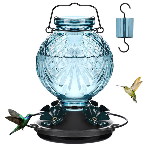 Tegarbed glass hummingbird feeder in blue, ideal for outdoor gardens and patios.