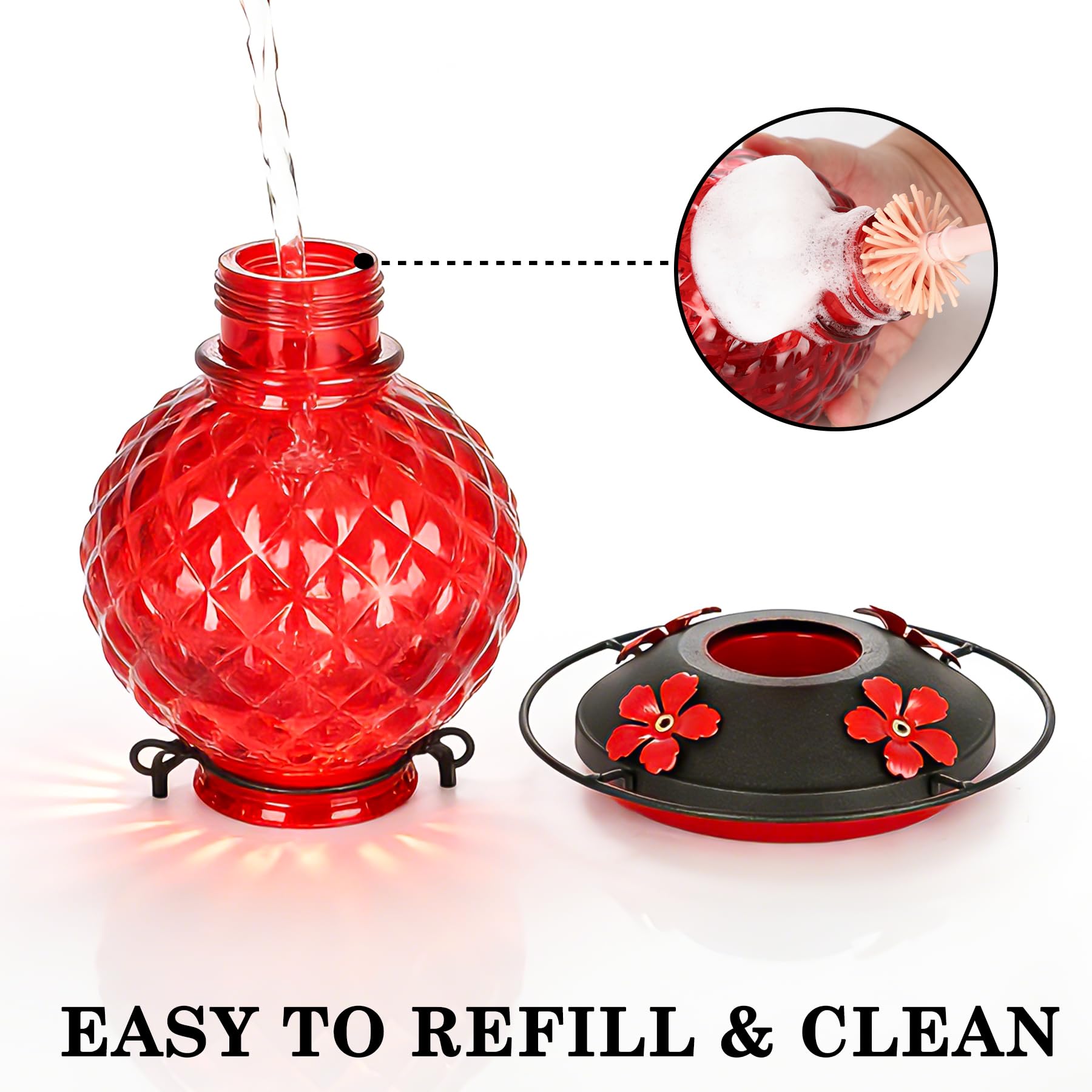 Tegarbed hummingbird feeder with built-in ant moat in use