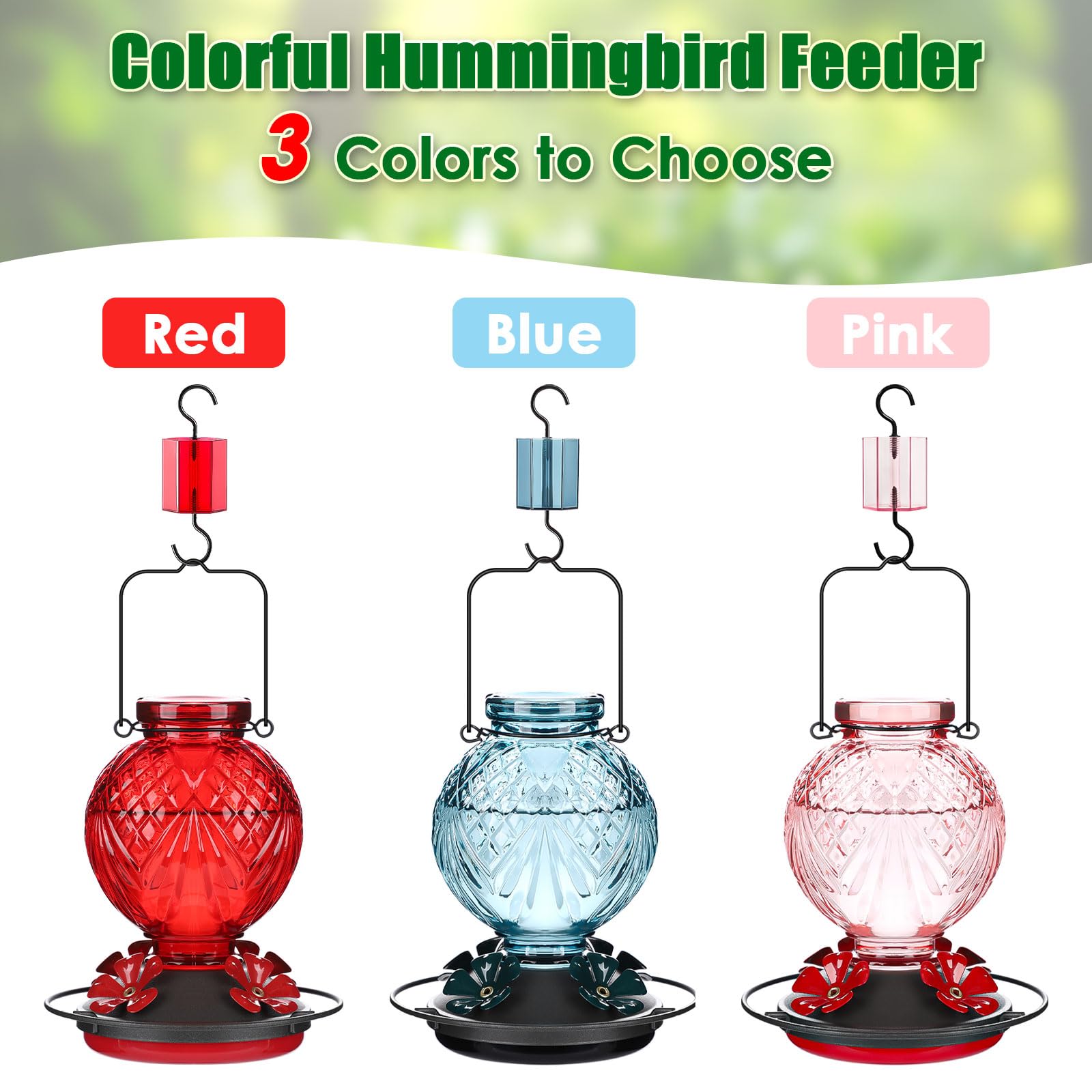 Tegarbed glass hummingbird feeder complements garden scenery as décor and function