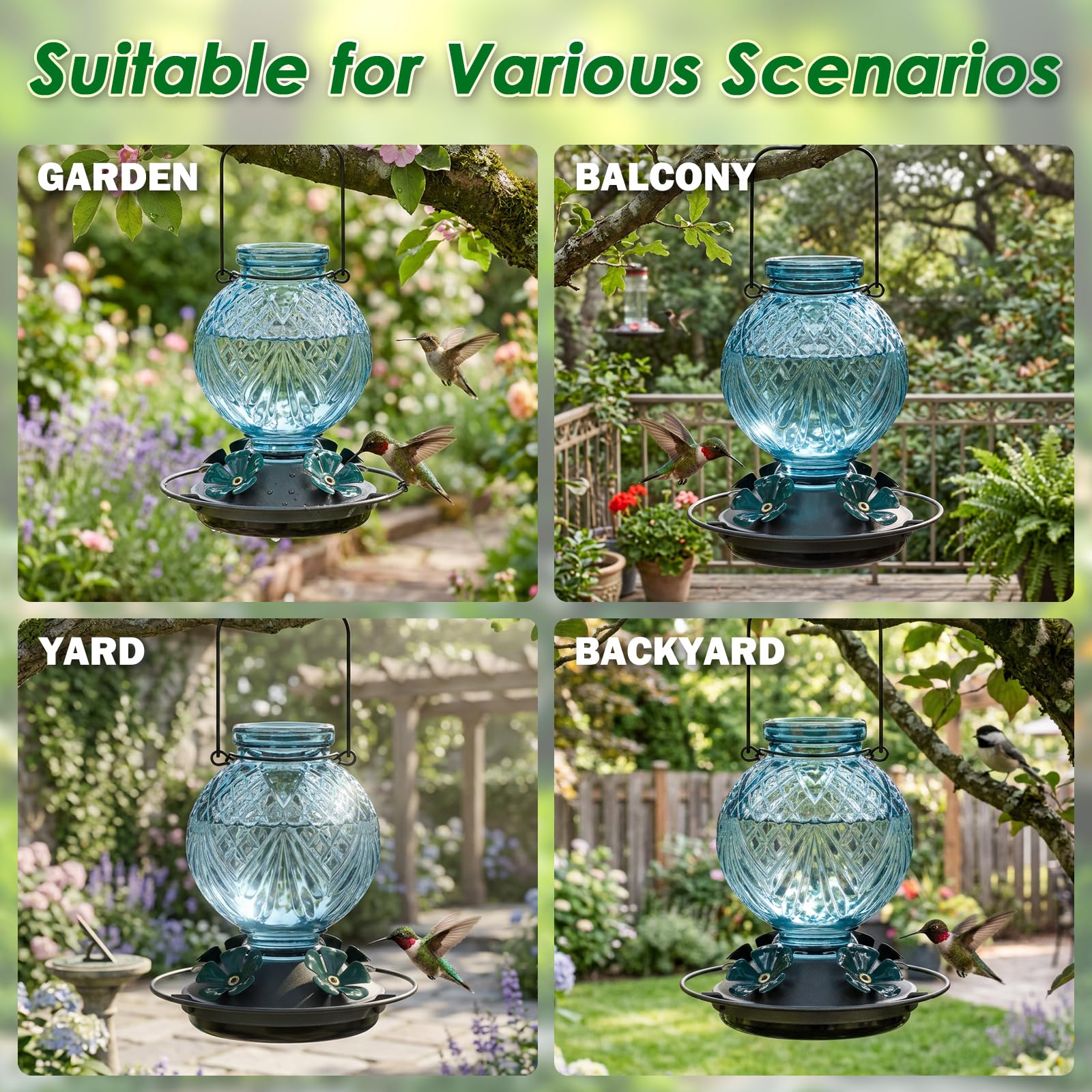 Tegarbed feeder hanging loop enables versatile placement in garden or patio.
