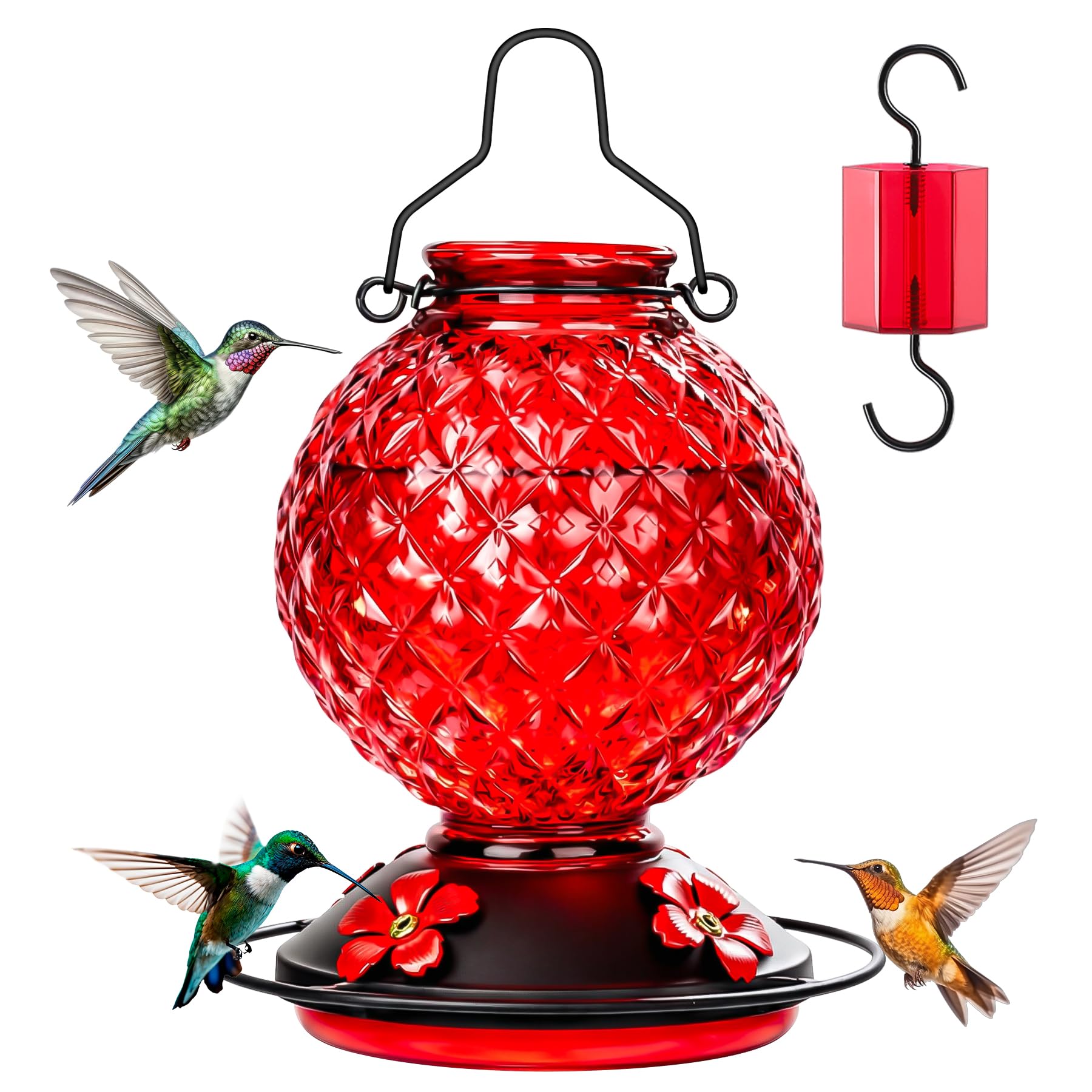 Tegarbed glass hummingbird feeder outdoors in red for nectar feeding