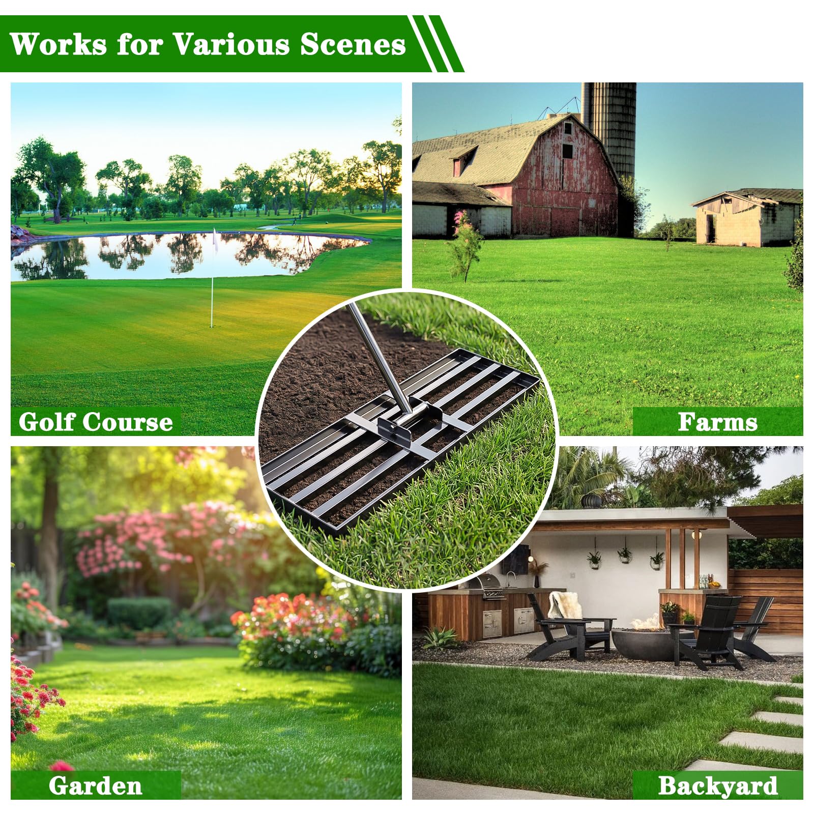 Tegarbed golf-course-care rake helps precise surface prep and maintenance.