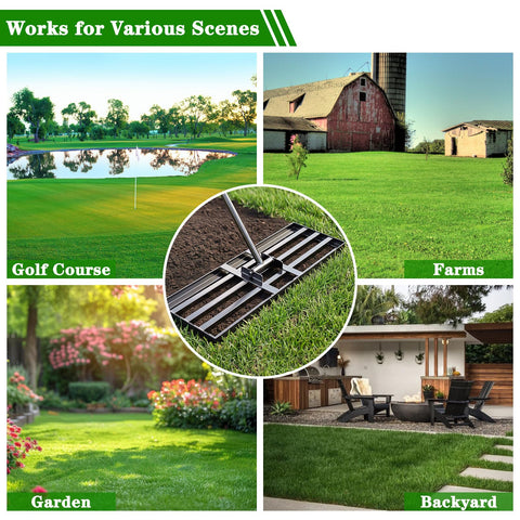 Tegarbed golf-course-care rake helps precise surface prep and maintenance.