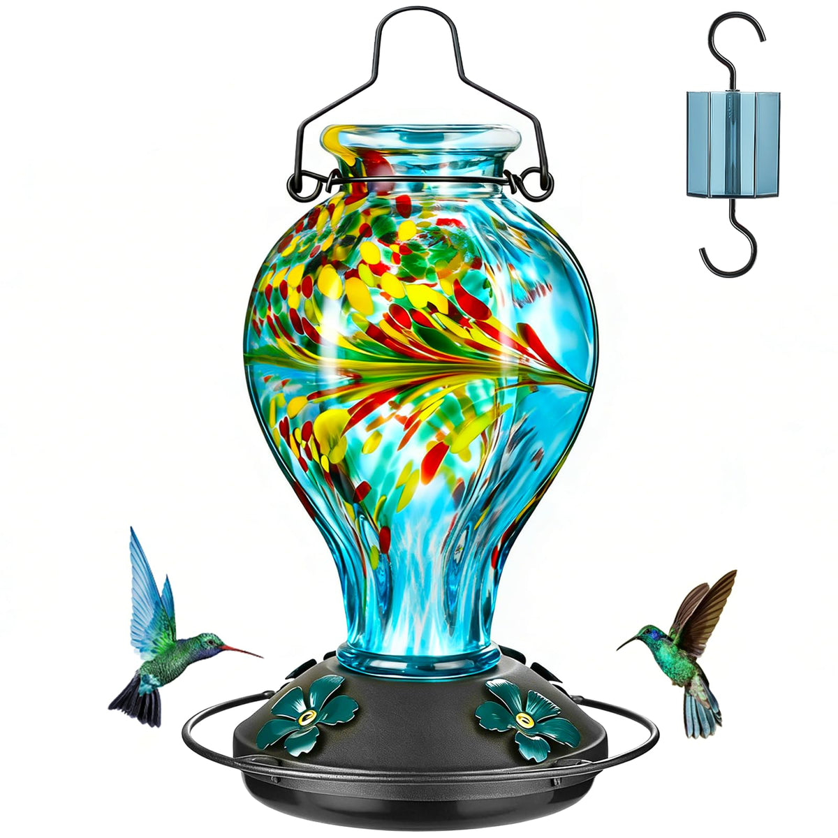 Tegarbed hand blown glass hummingbird feeder with blue phoenix pattern attracts hummingbirds.