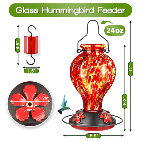 Tegarbed hand-blown glass nectar feeder showcases artisanal craftsmanship.