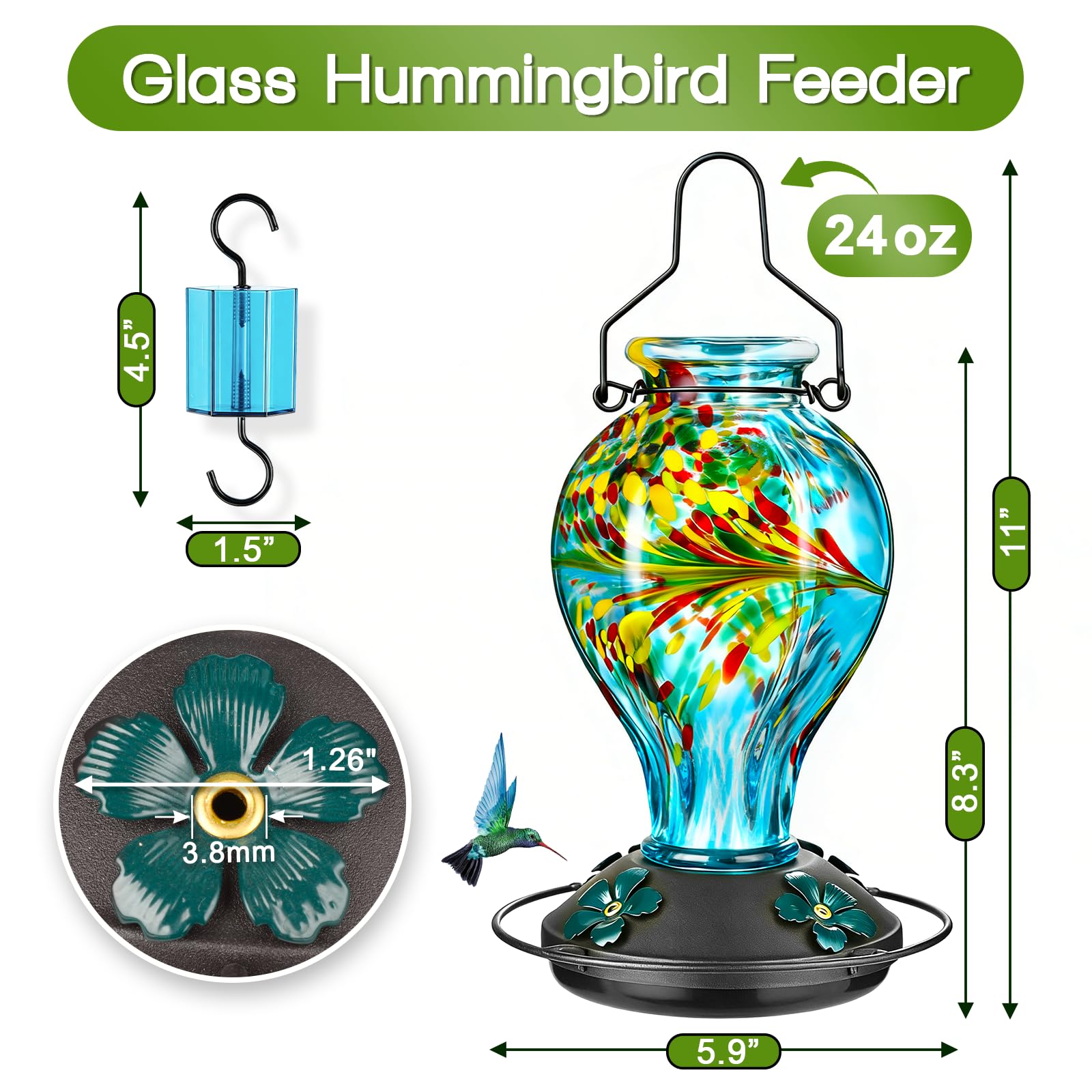 Hanging blue phoenix feeder in garden showcases durable hand blown glass.