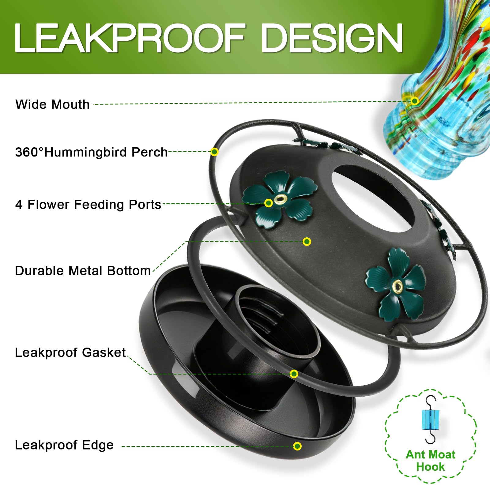 Tegarbed feeder includes an ant moat to protect nectar from intruders.