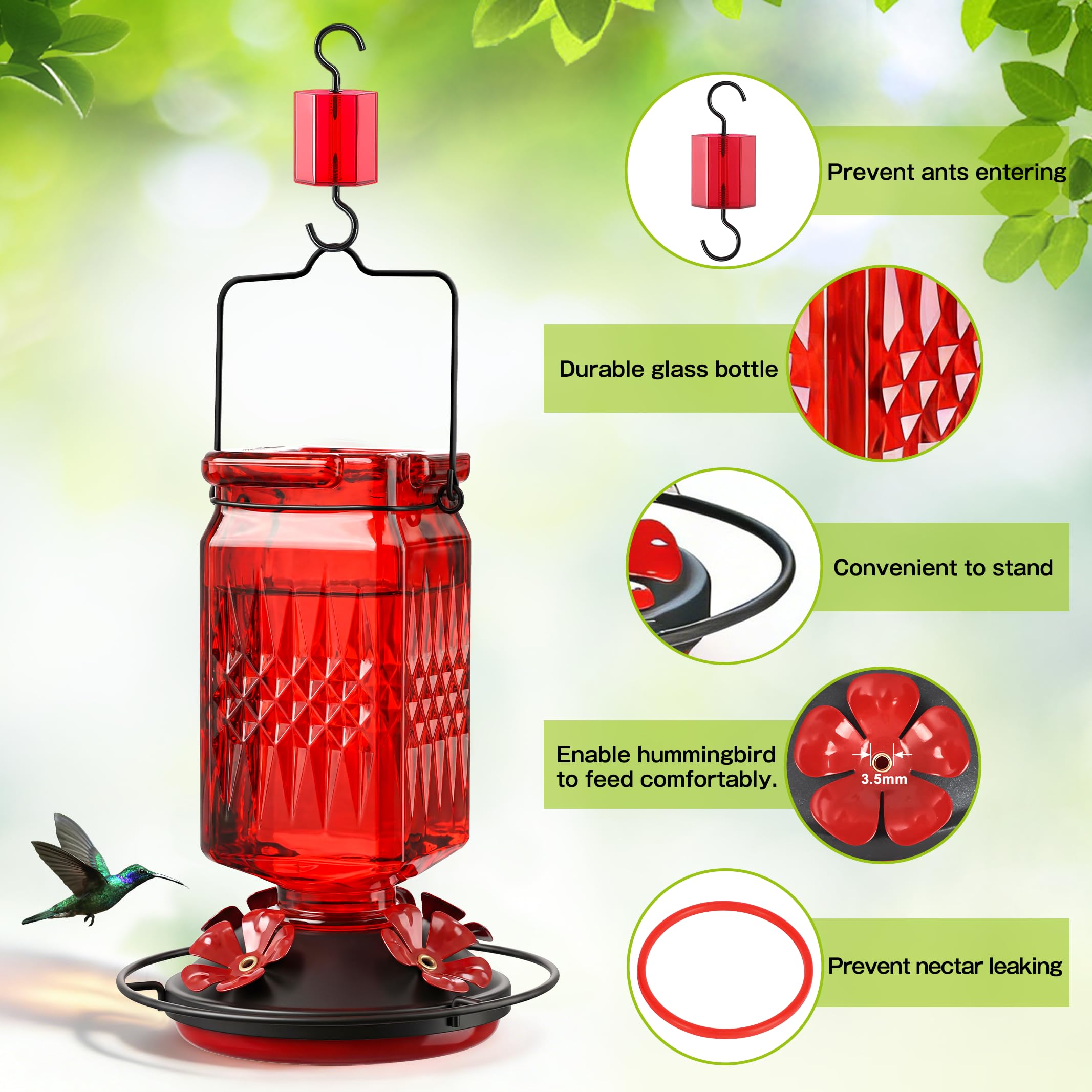 Tegarbed hummingbird feeder ant-moat shields nectar from ants during feeding