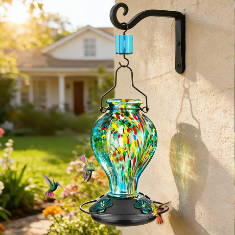 Tegarbed garden decor meets function, brightening patios while inviting hummingbirds.