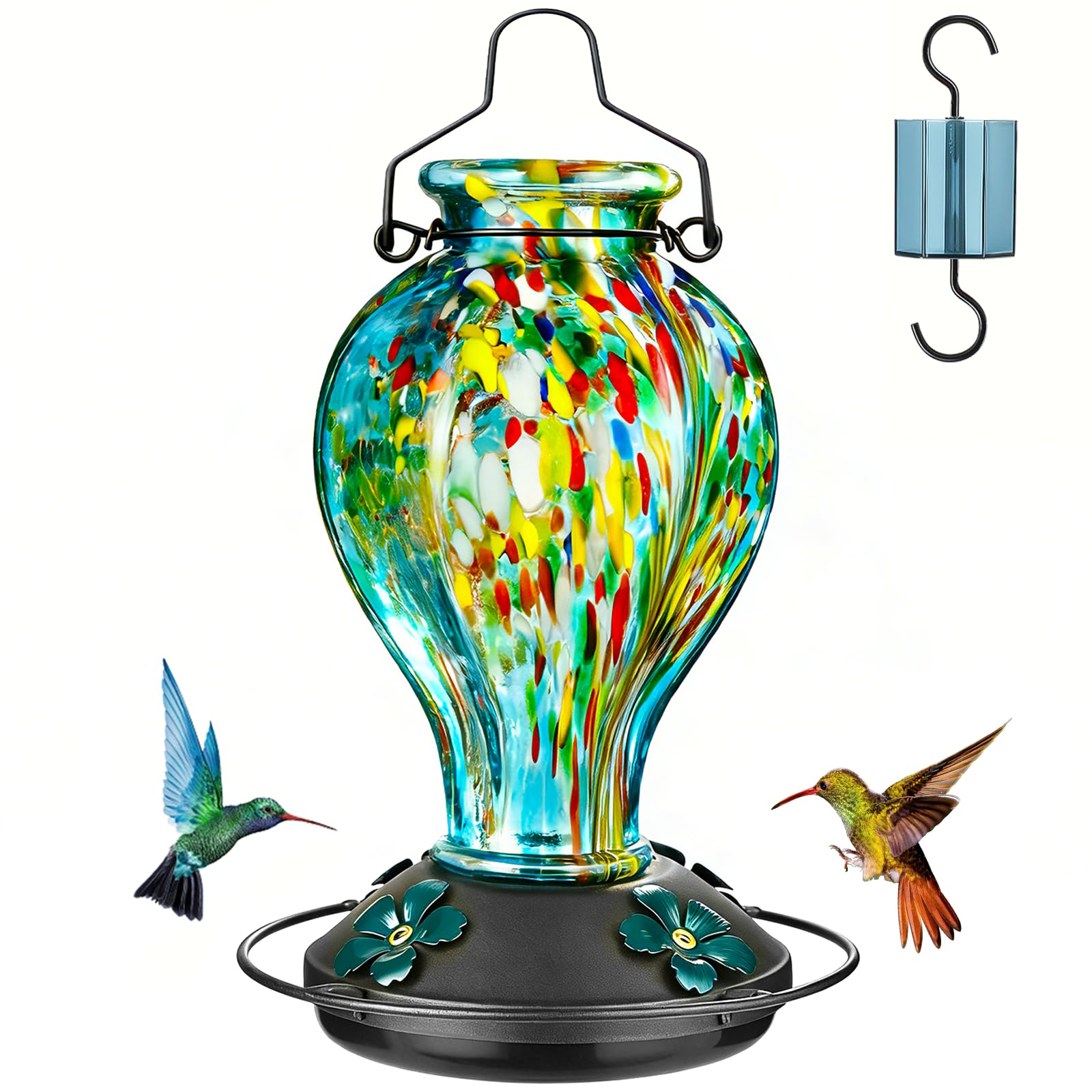 Tegarbed hand-blown glass hummingbird feeder with blue fireworks pattern attracts hummingbirds while staying drip-free.