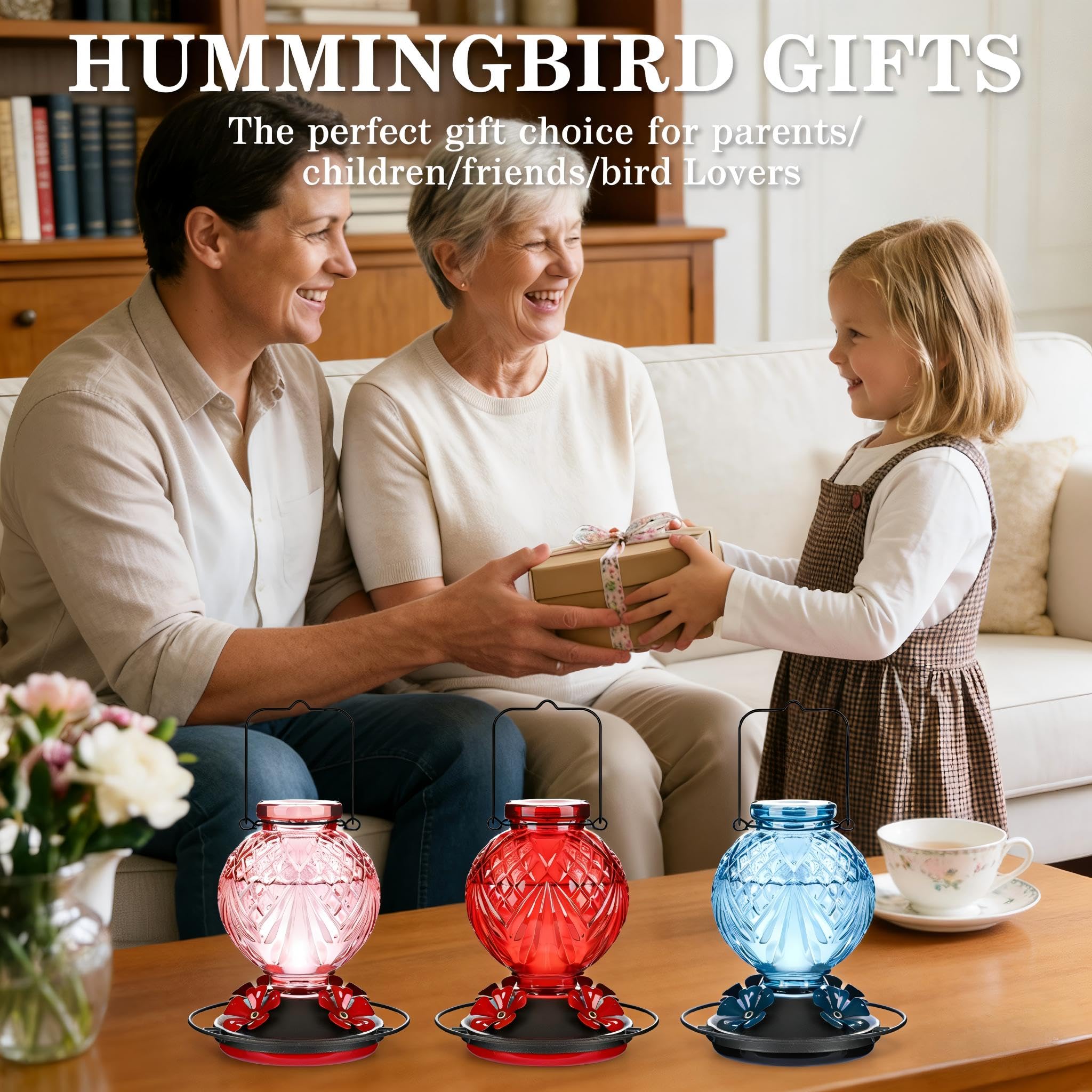 Red Tegarbed hummingbird feeder adds festive color to the garden