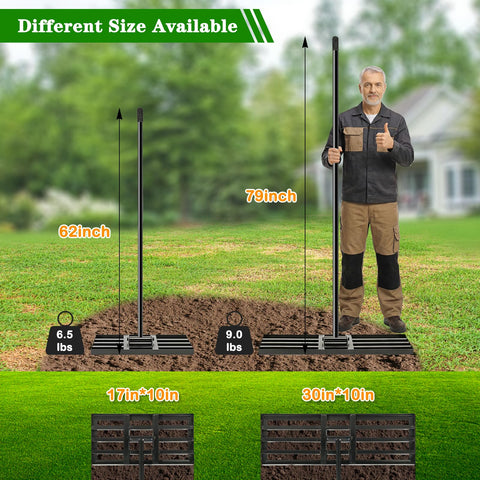 Tegarbed lawn leveling rake extended handle improves reach and comfort.