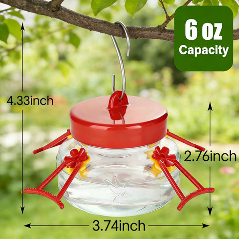 Mason jar hummingbird feeder shows four ports and colorful silicone blooms.