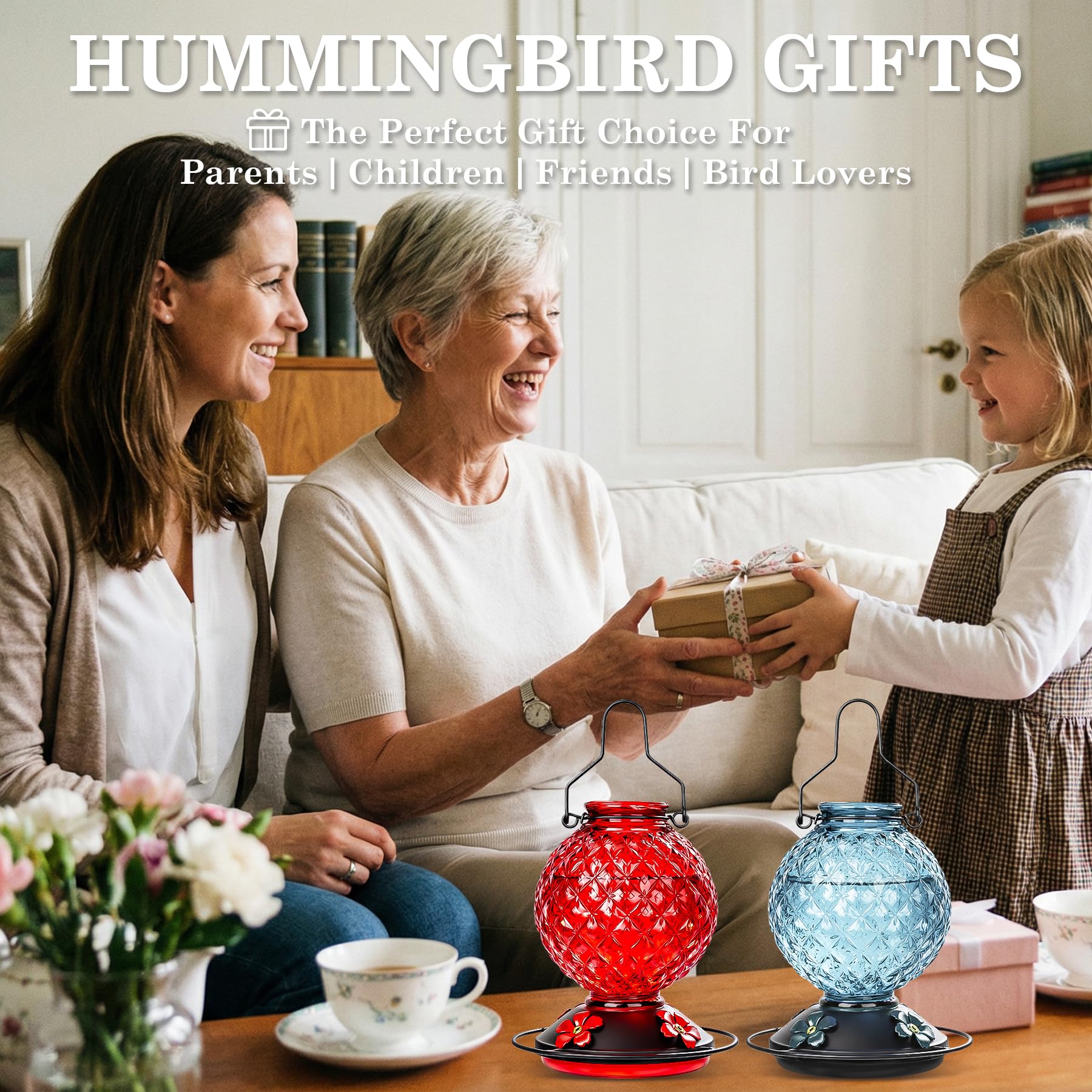 Tegarbed glass hummingbird feeder, gift-ready for bird lovers