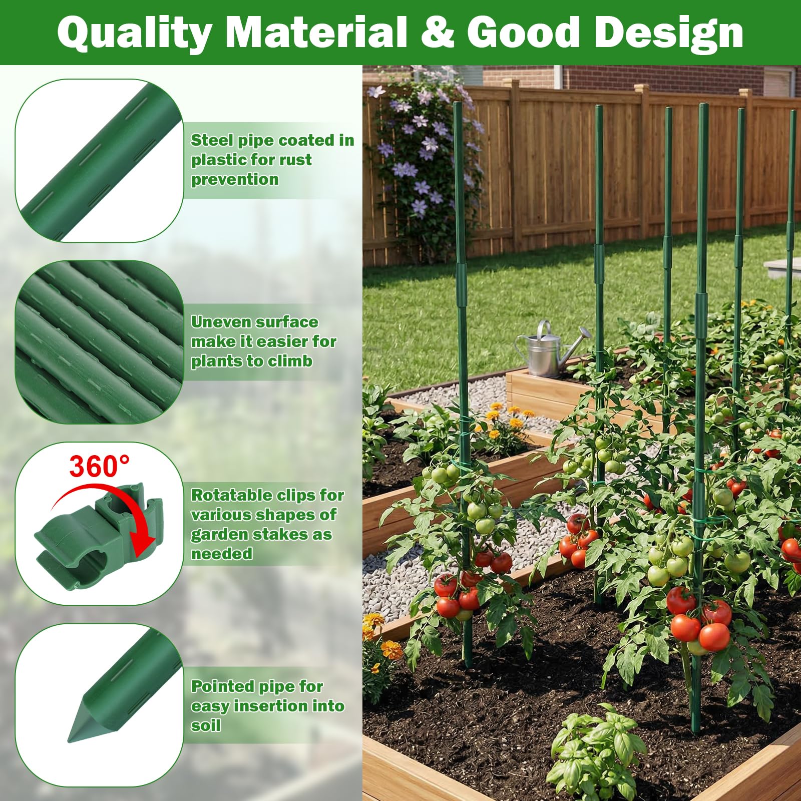 Tegarbed rotatable clips attach stems gently for flexible staking configurations.