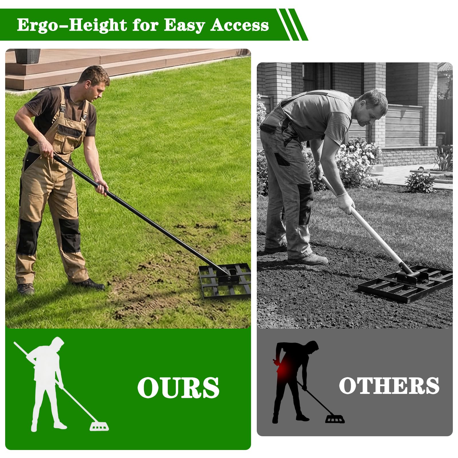 Tegarbed sand-and-soil leveling rake for playgrounds and garden beds.