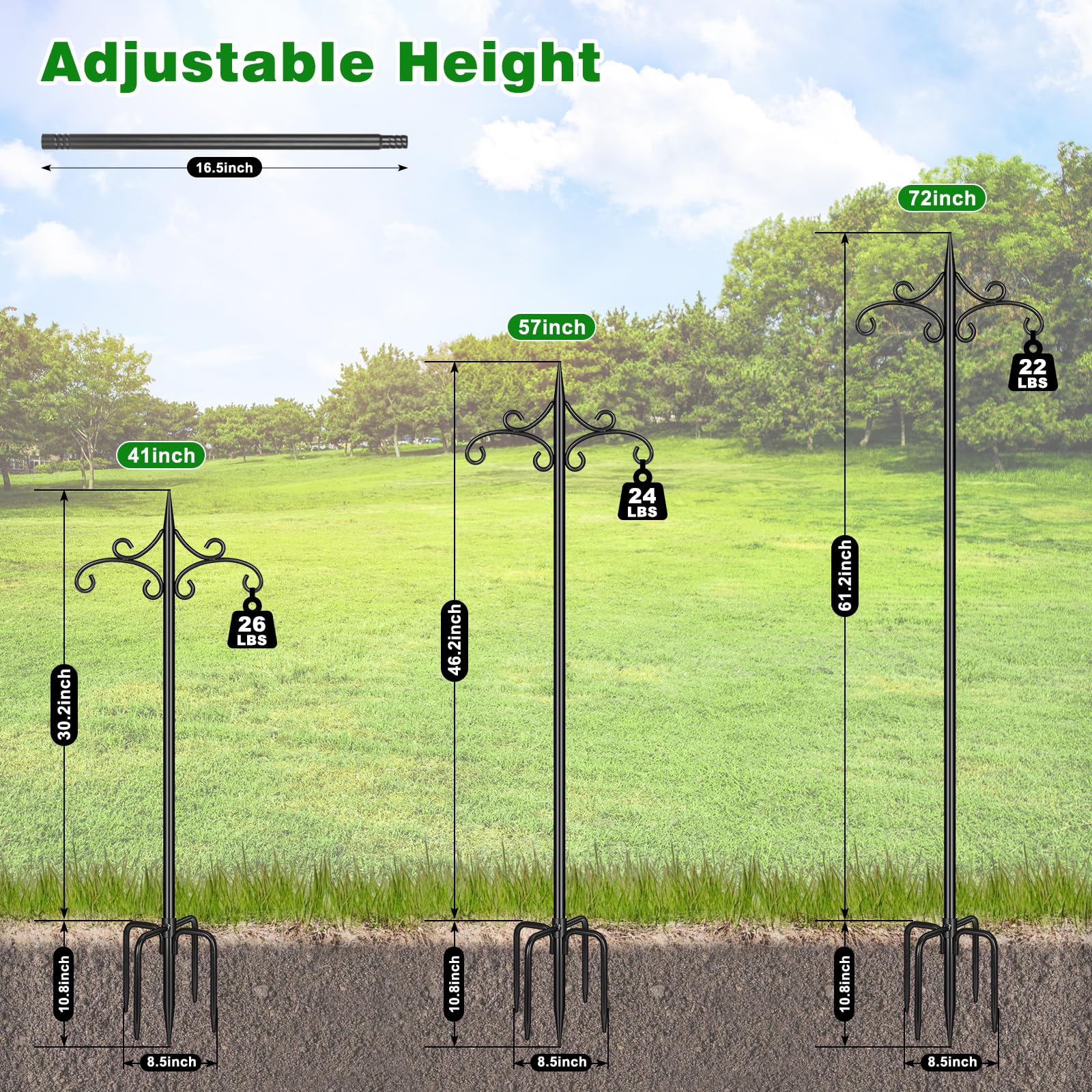 Tegarbed adjustable 72-inch shepherd hook for versatile placements.