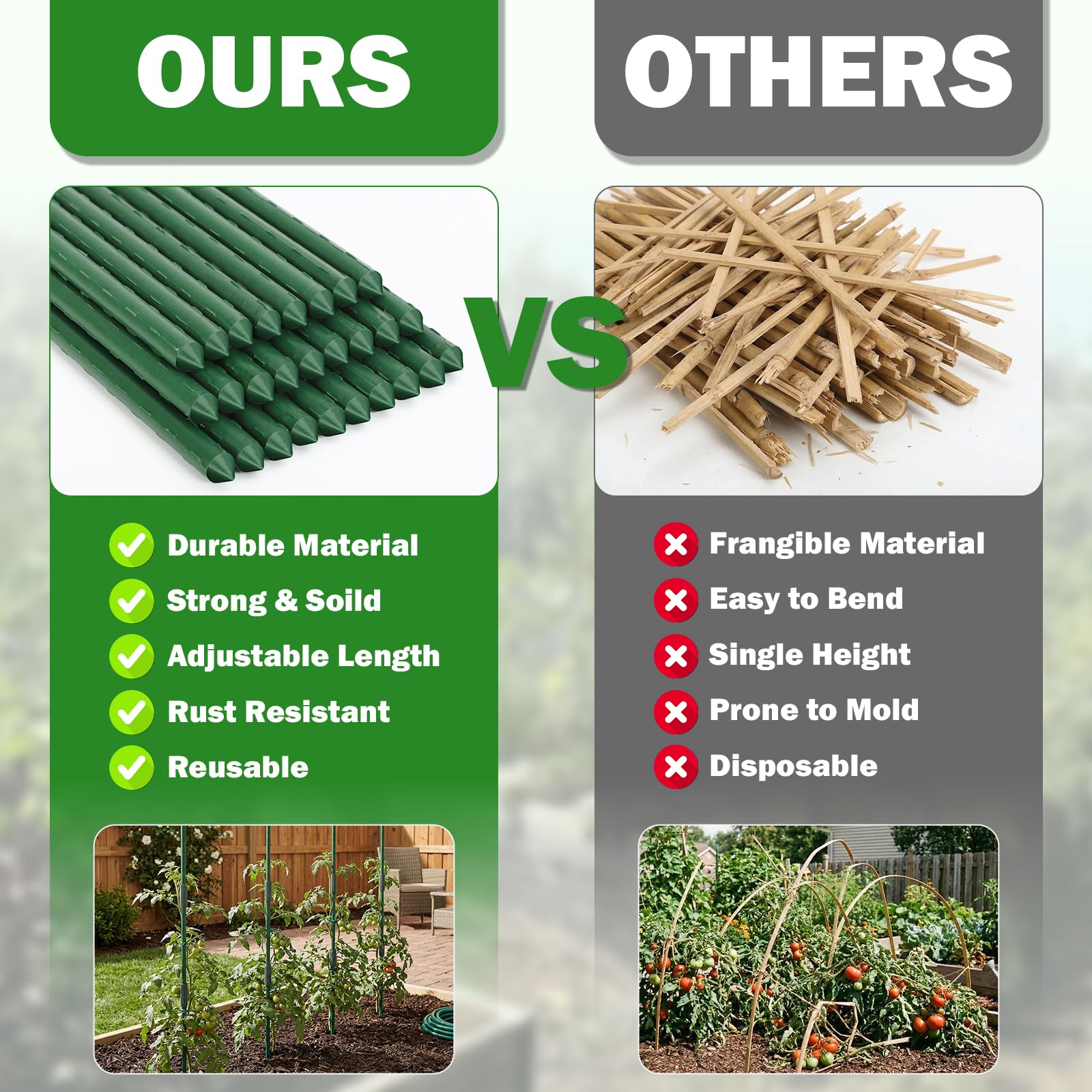 Tegarbed stake assembly showcases X-shape support for cucumbers and beans.
