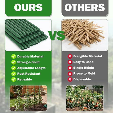 Tegarbed stake assembly showcases X-shape support for cucumbers and beans.