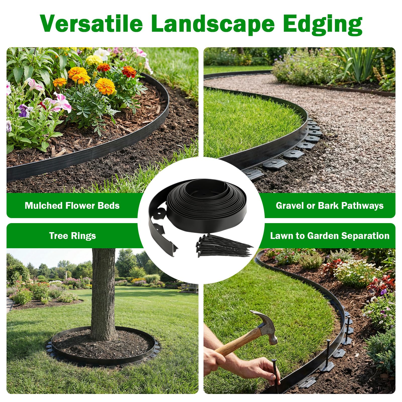Tegarbed tree-base border containing soil and pebbles neatly