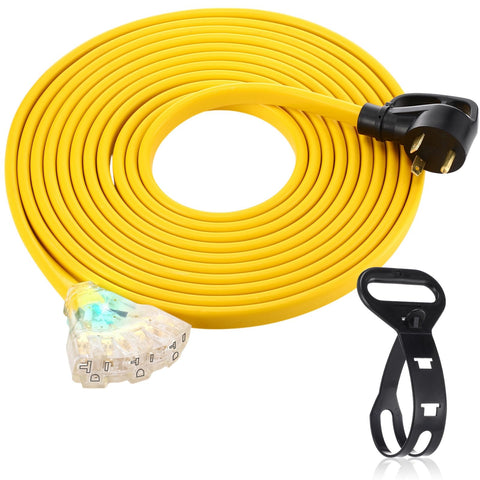 Tellegloww 25ft flat RV adapter with TT-30P and three 5-20R outlets for campsite power.