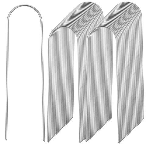 Telooco 150-pack U-shaped drip stakes secure irrigation lines in gardens.