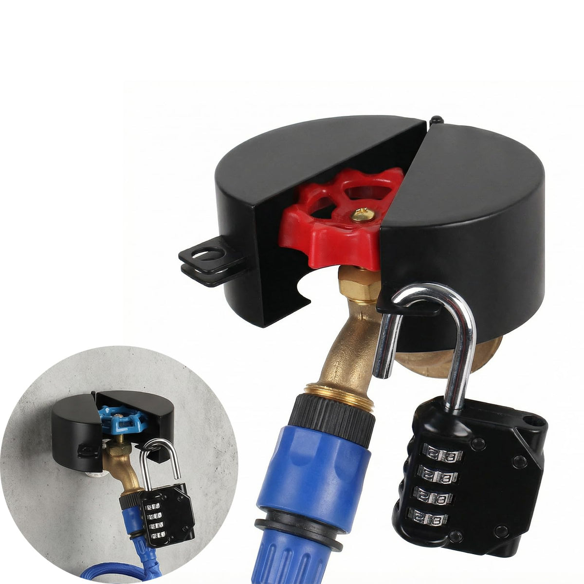 TEMEILI gate valve locking device front view shows sturdy metal construction for outdoor security.