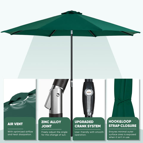 Wide 9ft canopy extending over table, highlighting large shade area