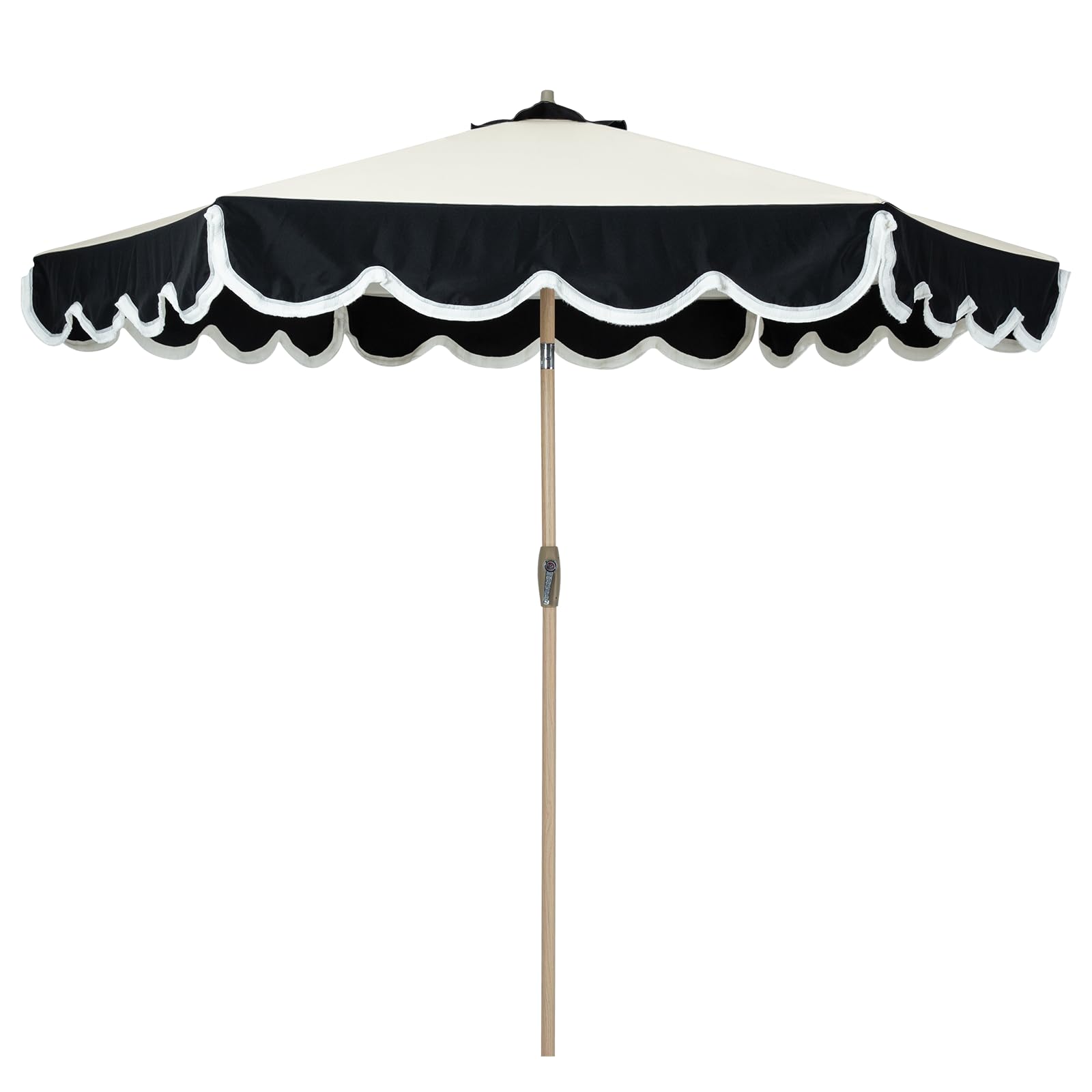 Tempera 9ft scalloped umbrella with fringe provides stylish outdoor shade.